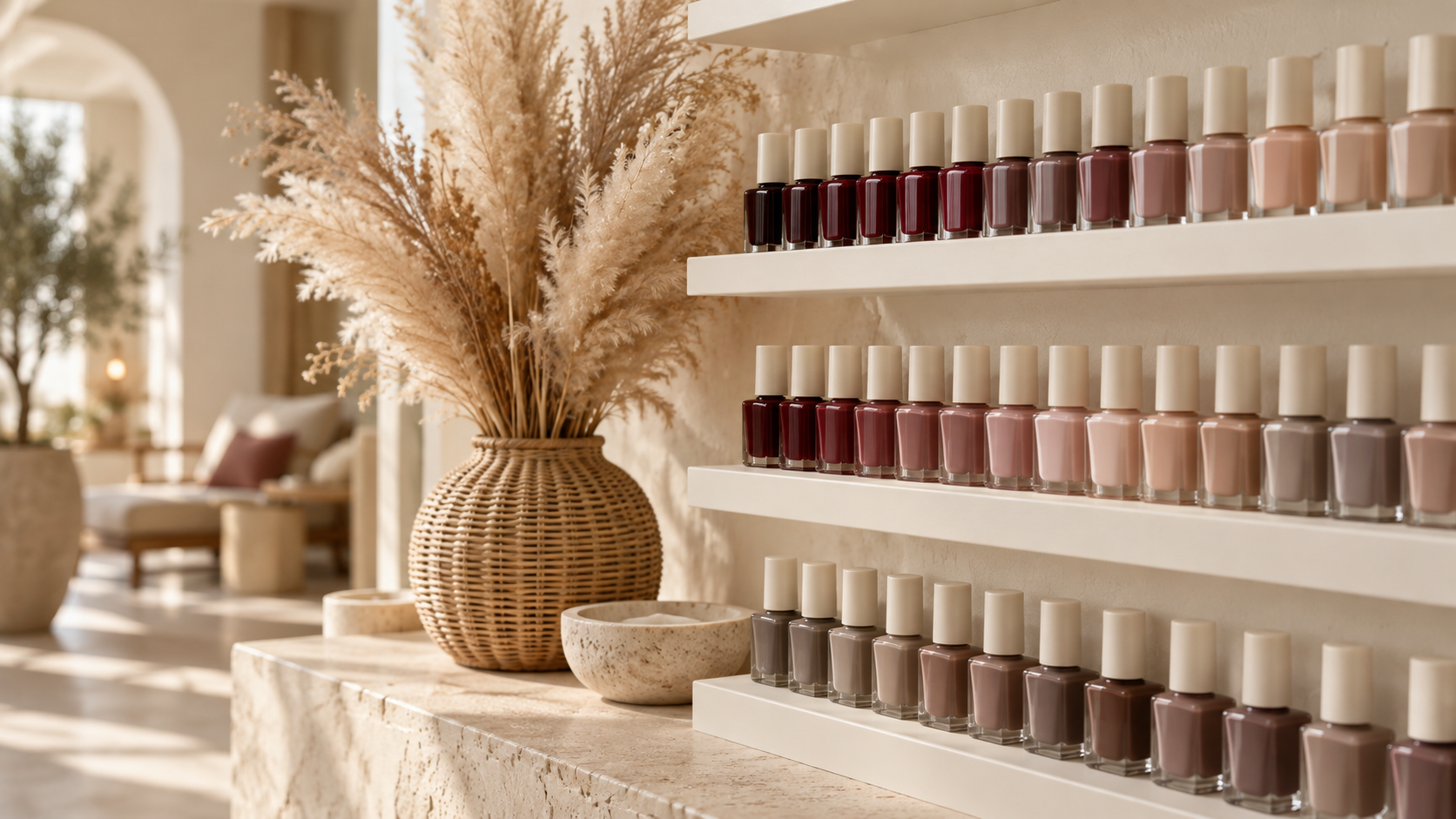 Rows of nail polish bottles on white shelves beside a rattan vase of pampas grass