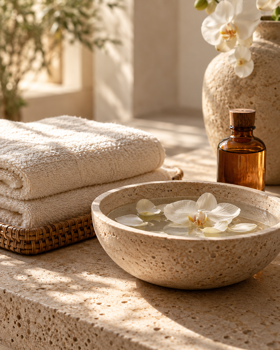 Folded cream spa towels beside a stone bowl of water with orchid petals